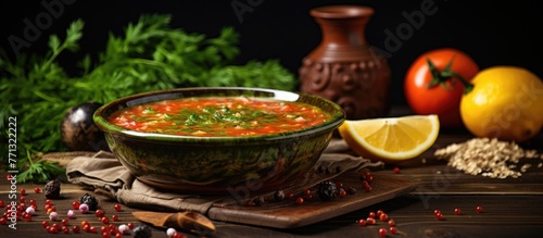 A detailed view of a bowl of Turkish Traditional Tarhana or Ezogelin Soup garnished with a slice of lemon and fresh parsley leaves