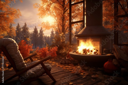 Cozy autumn cabin scene