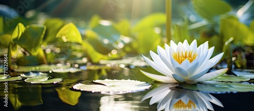 Blooming white water lily stands out in the peaceful garden pond surrounded by lush greenery and delicate petals