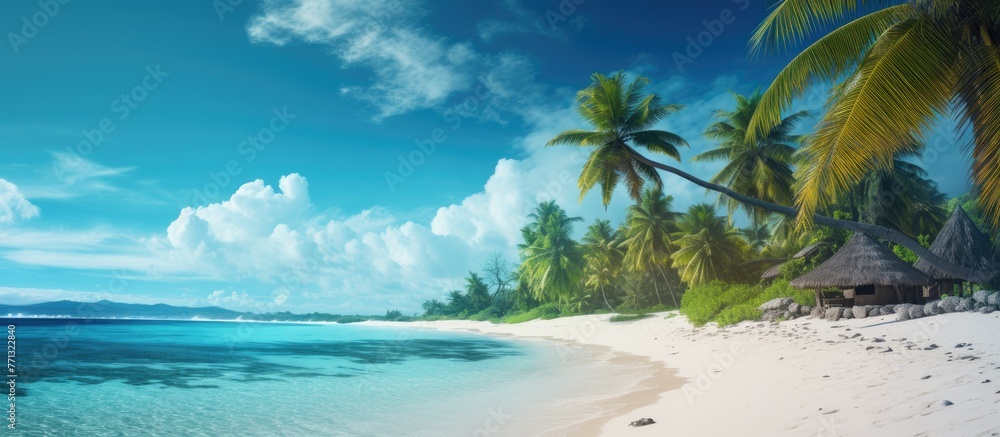 A serene tropical beach featuring a picturesque hut and lush palm trees along the shore, perfect for a relaxing getaway