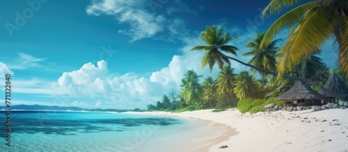 A serene tropical beach featuring a picturesque hut and lush palm trees along the shore, perfect for a relaxing getaway