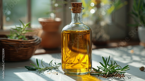 Culinary Olive Oil With Herbs In Bright Daylight, Kitchen Scene