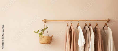 A close up of a rack filled with various clothes, wooden hangers, and a plant in a basket. The concept of home comfort and shopping is depicted in the image.