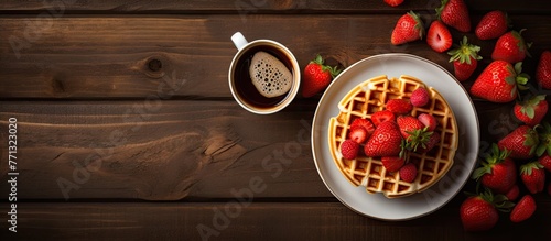 Plated waffles topped with fresh strawberries served with a side of coffee for a delightful morning breakfast photo