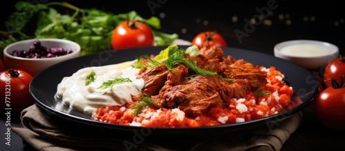 Plate with Turkish Iskender Doner Kebab topped with butter tomato sauce and yoghurt, served with a side of vegetables and meat
