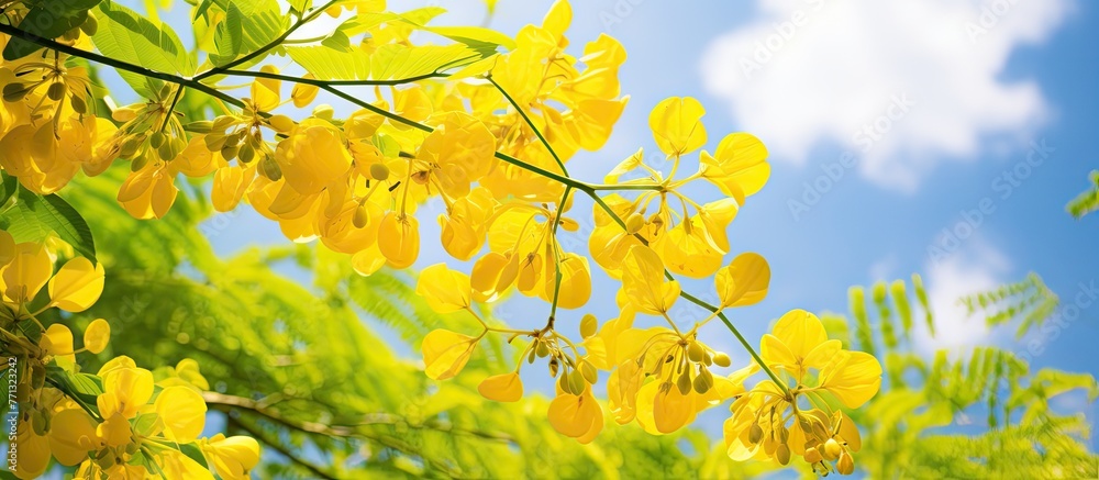 Beautiful yellow flowers blooming on a tree with a stunning backdrop of a clear blue sky on a sunny summer day Beautiful yellow flowers blooming on a tree with a stunning backdrop of a clear blue sky on a sunny summer day