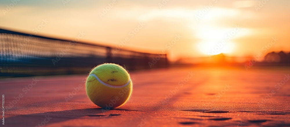 Naklejka premium A vibrant tennis ball resting on the tennis court, bathed in the warm glow of the setting sun in the background
