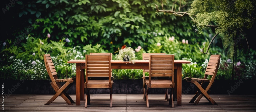 Wooden chairs and a table are placed on a wooden floor near a lush garden, featuring a vase of colorful flowers as a lovely dining table decoration