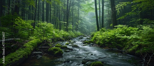 A forest with a stream running through it by AI generated image
