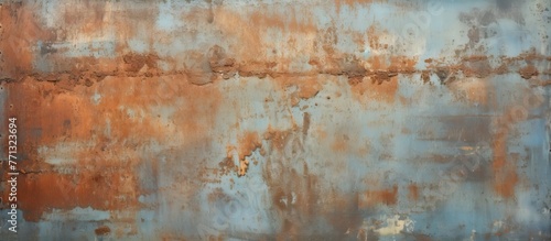 A weathered steel wall covered in rust and peeling paint, set against a clear blue sky in the background photo