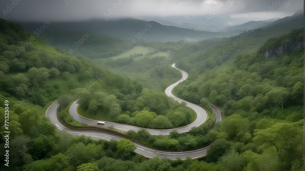 op view from above When it rains, a lovely curve road winds through a verdant woodland. op view from above When it rains, a lovely curve road winds through a verdant woodland.