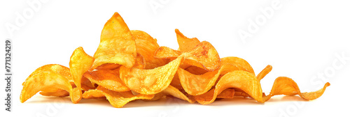 A pile of crispy potato chips Fluted chips float on white, 