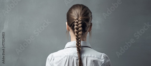 A woman is seen with a single long braid cascading down her back, adding an elegant touch to her hairstyle