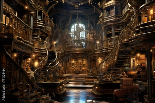 Steampunk-themed bookstore with antique books, curiosities, and a mechanical book retrieval system.
