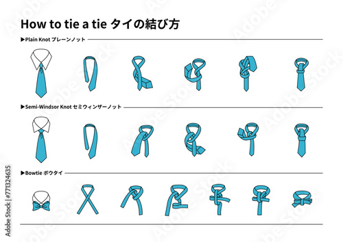 ネクタイの結び方ガイドのベクターイラストセット（プレーンノット、セミウィンザーノット、蝶ネクタイ）