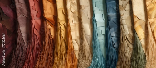 Various colorful fabric swatches are displayed on a wall for upholstery tapestry color sample planning