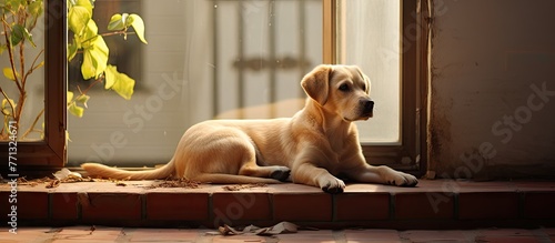 A peaceful dog is lying dow...
