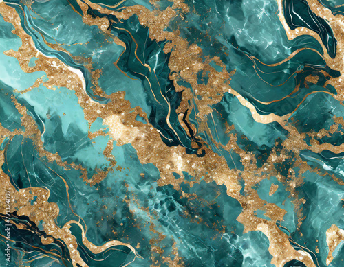 Luxury teal blue and gold marble abstract texture background. Premium italian glossy granite slab stone ceramic tile. Print for packaging, wallpapers, posters. Pattern for product design © luis