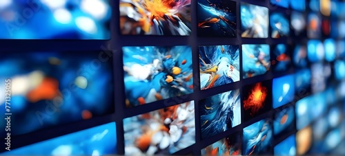 Abstract multimedia background with various channel images, web streaming, and tv video technology. Generated AI photo