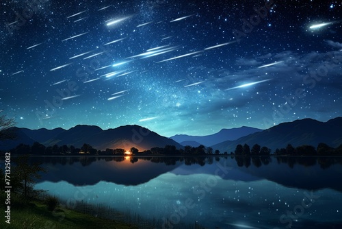 Breathtaking meteor shower lighting up the night sky with dazzling trails of light, reflected in a serene lake. photo