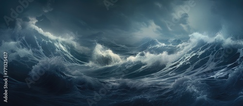 The ocean is tumultuous with a huge wave, under dark and ominous storm clouds in the sky © vxnaghiyev