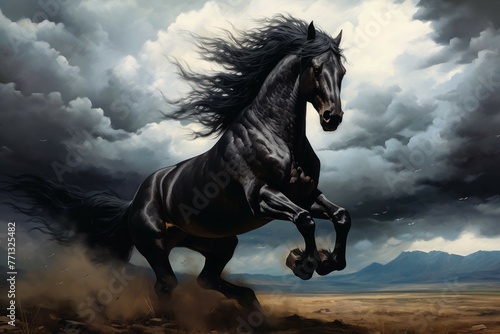 Majestic black horse galloping in an open field