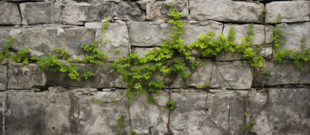 Rustic stone wall covered in thick vines and weeds flourishing in the crevices of the mortar Rustic stone wall covered in thick vines and weeds flourishing in the crevices of the mortar