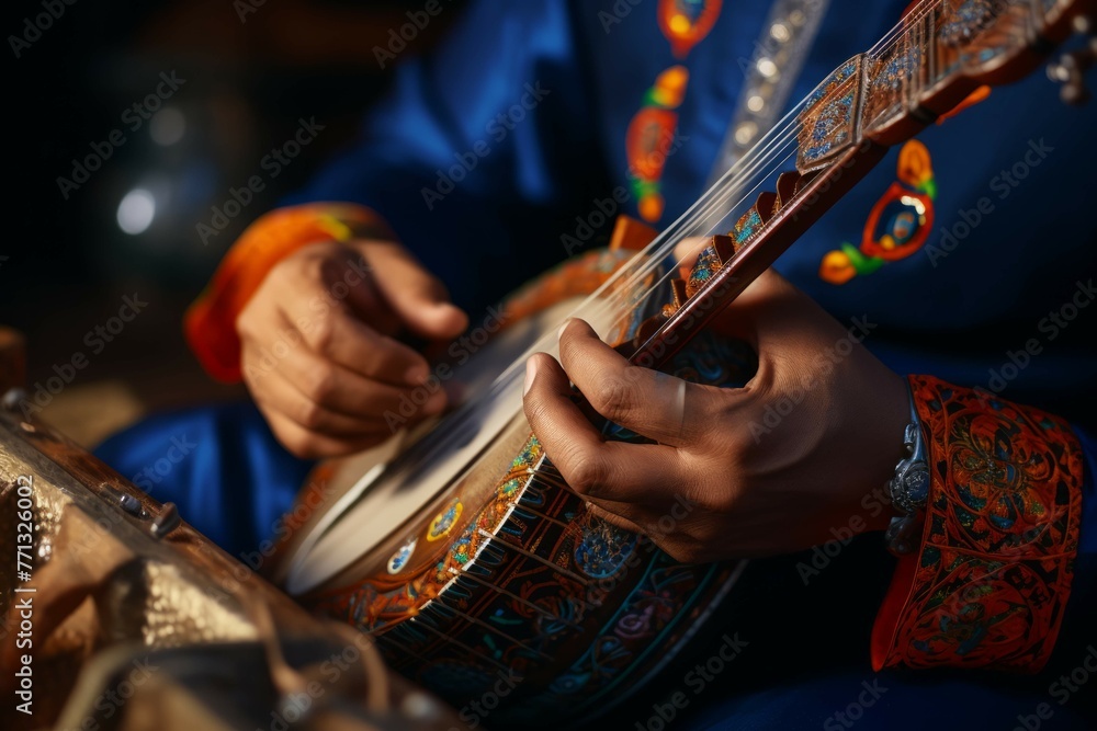 Close-up of hands playing a traditional musical instrument during a performance - obrazy, fototapety, plakaty 
