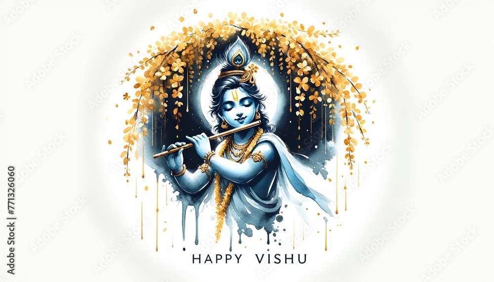 Watercolor illustration  for the festival of vishu with a young lord krishna and konna flowers decoration. - obrazy, fototapety, plakaty 