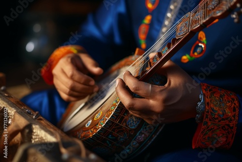 Close-up of hands playing a traditional musical instrument during a performance
