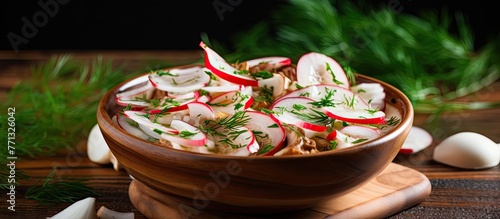 A bowl of food containing radishes and onions, including a salad with pickled brittlegills and thin sliced white onions, presenting delicious homemade pickles