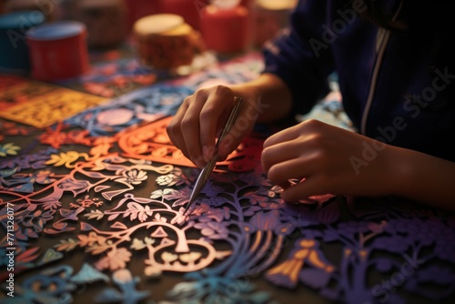 Close-up of hands crafting delicate paper cut-outs for a traditional festival