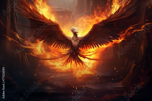 Majestic phoenix rising from ashes in fiery explosion.