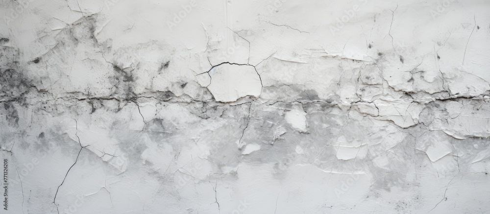 Fototapeta premium A close-up of a white wall showing signs of wear with peeling and cracked gray paint in a black and white color scheme