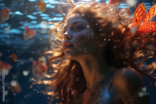 Beautiful mermaid swimming gracefully in crystal-clear ocean.