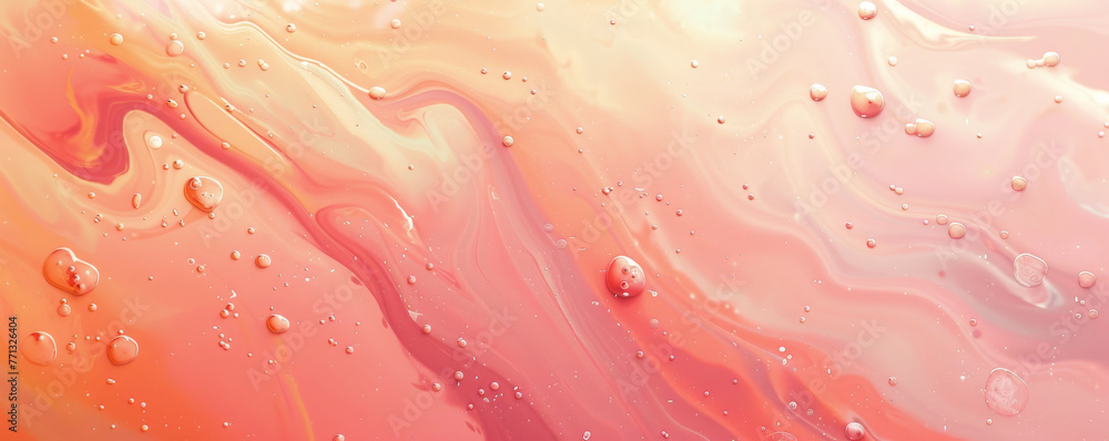 Abstract pink and peach fluid art with water droplets. Background design for creative projects and presentations