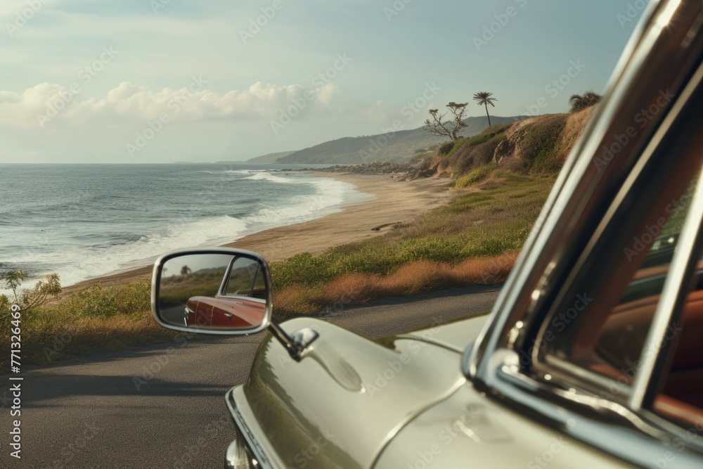 Close-up of a vintage car's rearview mirror reflecting a scenic coastal road