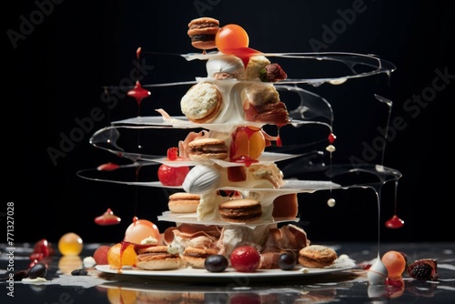 A gastronomic sculpture in the form of a tower, showcasing deconstructed flavors and molecular gastronomy techniques. photo