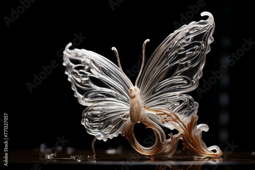 Macro shot of a sugar sculpture resembling a delicate butterfly on a black background. photo