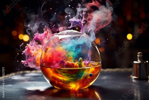 Close-up shot of a glitter-infused liquid-filled sphere suspended in a glass container with colorful smoke.
