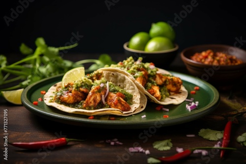 Plate combining Mexican and Indian influences with chicken tikka tacos and salsa verde.