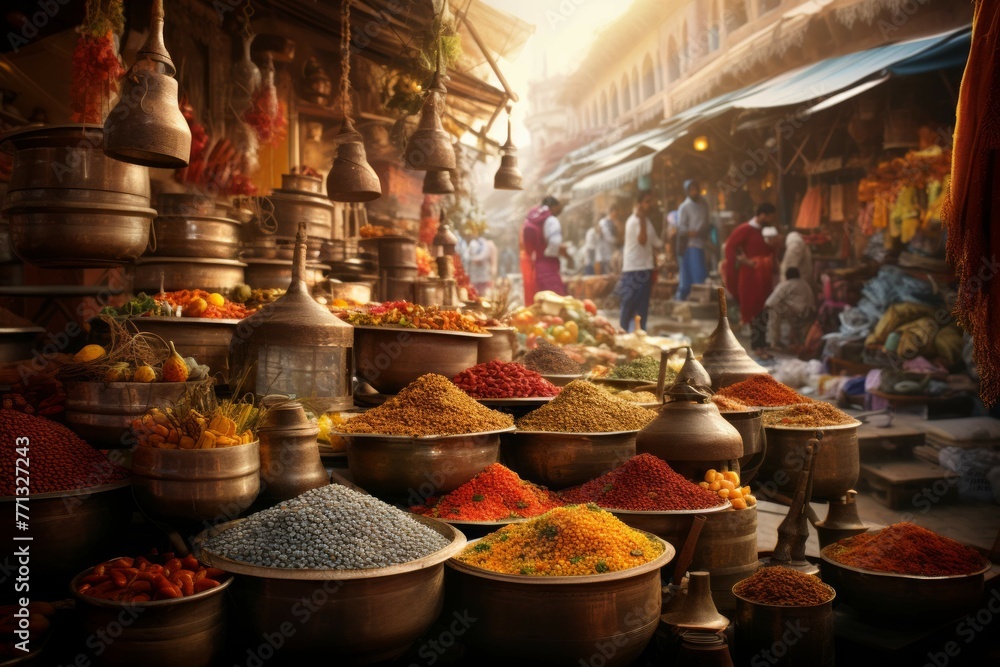 Vibrant street market with vendors selling exotic spices in a multicultural city.