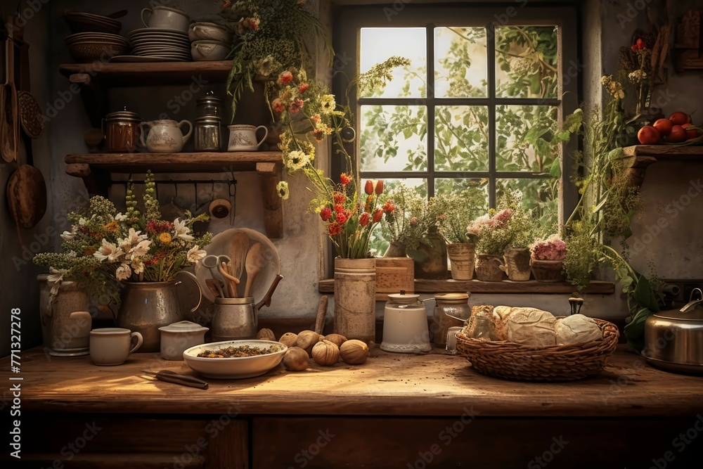 Fototapeta premium Rustic cottage kitchen with farmhouse sink and homemade bread