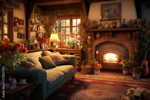 Cozy cottage living room with floral sofa and fireplace