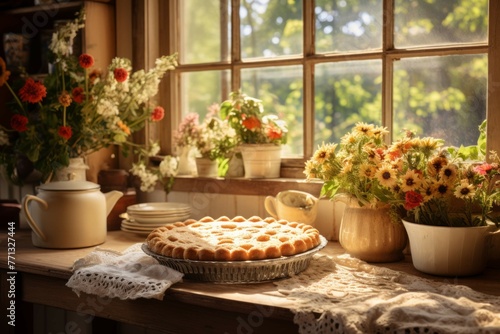 Cozy cottage kitchen with freshly baked pies and vintage sink