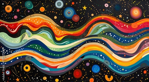 Vibrant abstract painting with wavy lines and dots. A captivating array of wavy lines and dots in various sizes and colors create a dynamic and vibrant abstract artwork with a cosmic feel