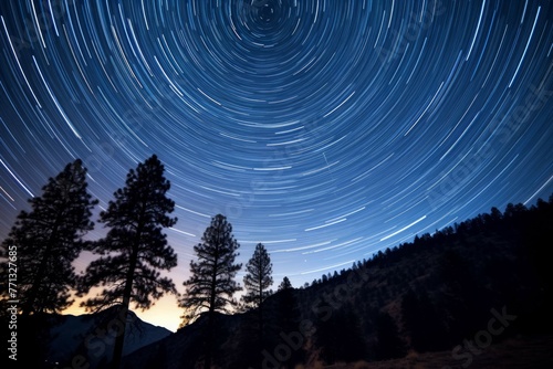 Time-lapse of star trails creating stunning light patterns in the night sky, set against a serene landscape.