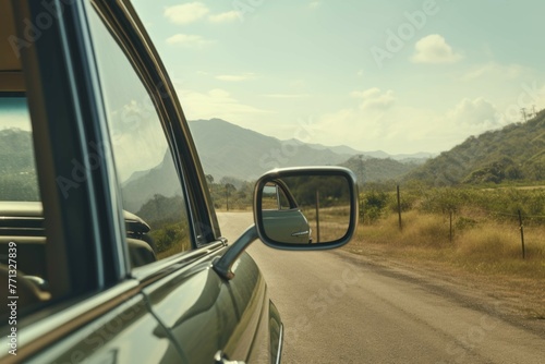 Close-up of a vintage car's side view mirror reflecting a countryside road