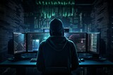 Hacker in a dimly lit room with computer screens displaying blockchain code.