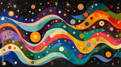 Vibrant abstract painting with wavy lines and dots. A captivating array of wavy lines and dots in various sizes and colors create a dynamic and vibrant abstract artwork with a cosmic feel